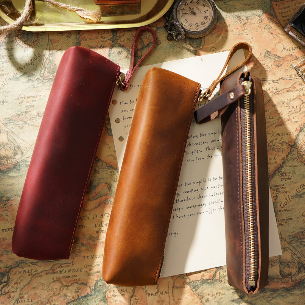 Su.B Federmäppchen - Federtasche - Etui aus Leder - Passend für Mehr als 15 Stifte -  für Männer und Frauen - Braun