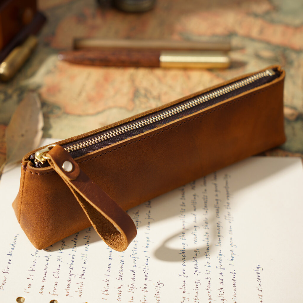 Su.B Federmäppchen - Federtasche - Etui aus Leder - Passend für Mehr als 15 Stifte -  für Männer und Frauen - Braun