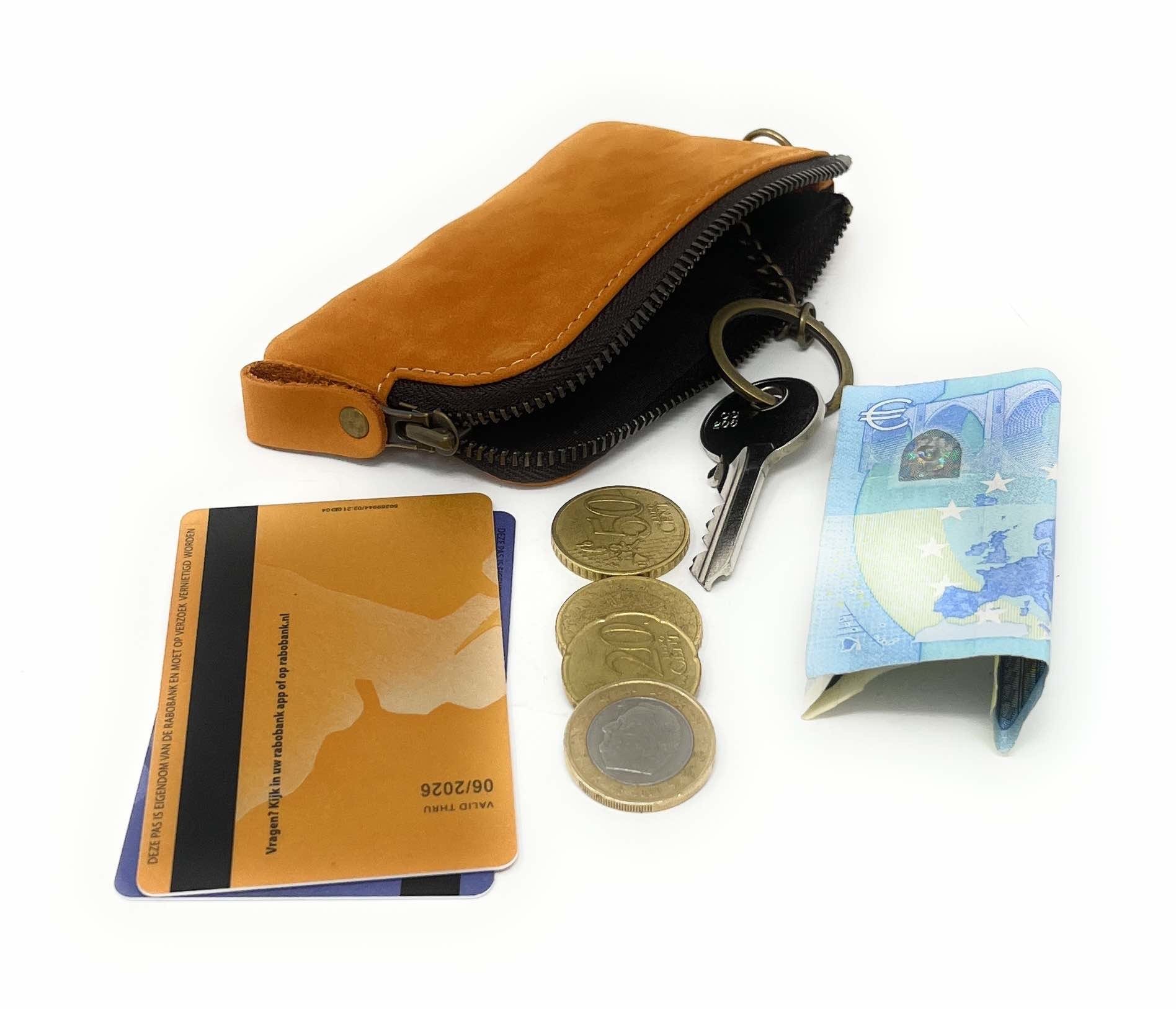 Genuine Leather Coin Wallet Key Case  Rings - Card Pocket with Zipper - Brown-2