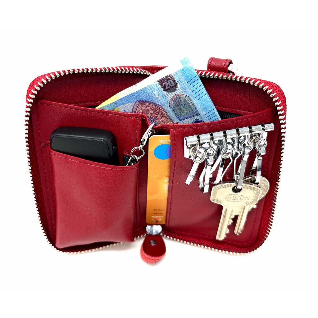 Su.B Leder-Schlüsseletui, 6 Schlüsselhaken, Kartenhalter, Geldschein-Brieftasche, Autoschlüsseltasche, Multifunktions-Schlüssel-Organizer - Rot