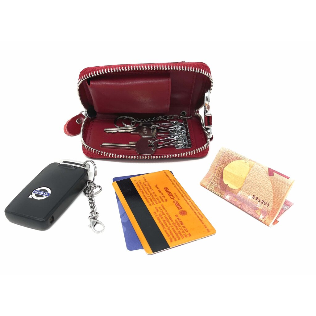 Su.B Leather Key Case, 6 Key Hooks, Card Holder, Bank Notes Wallet, Car Key Pocket, Multifunctional Key Organizer - Red