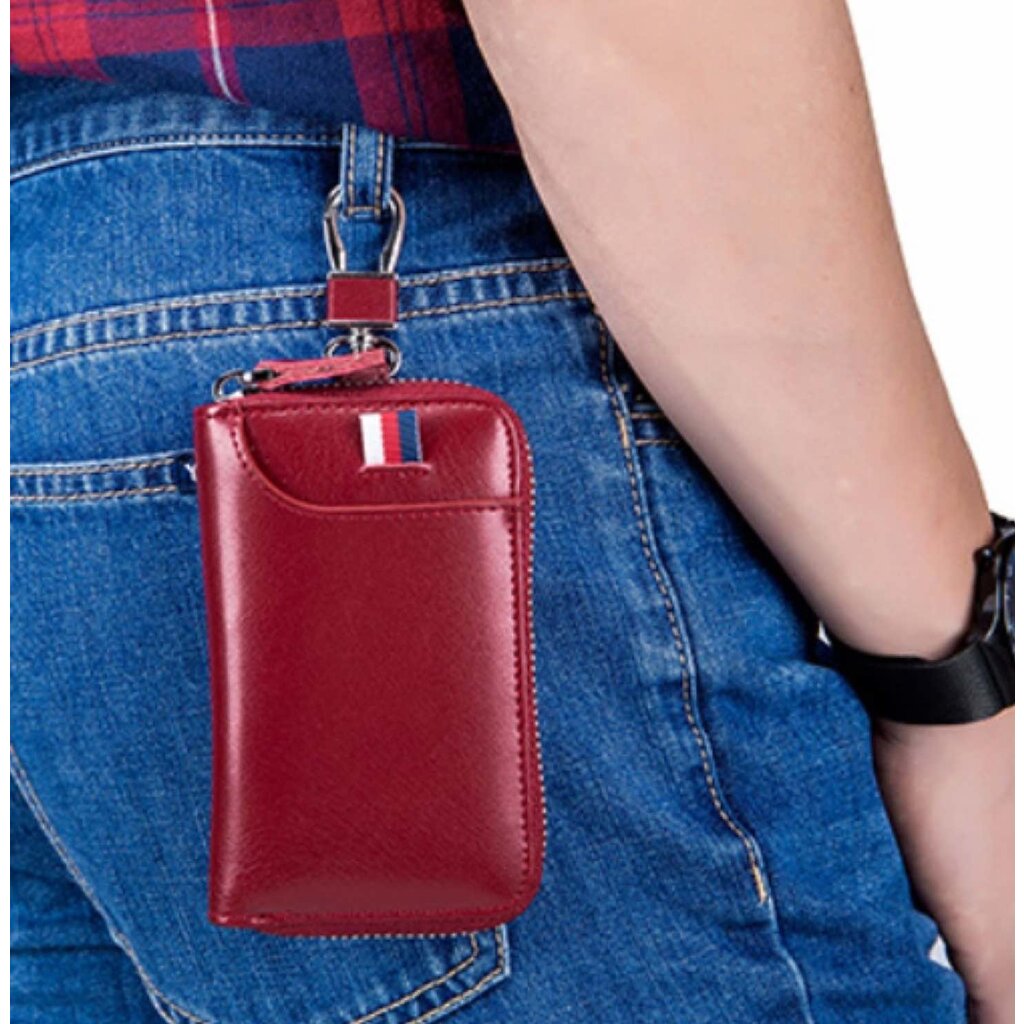 Su.B Leather Key Case, 6 Key Hooks, Card Holder, Bank Notes Wallet, Car Key Pocket, Multifunctional Key Organizer - Red