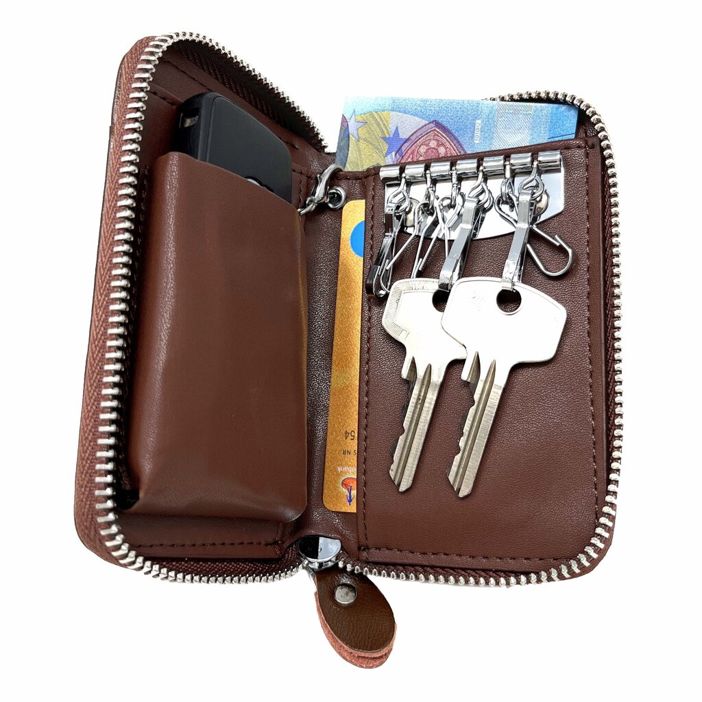 Su.B Leather Key Case – 6 Key Hooks, Card Slot, Wallet for Bank Notes, Car Key Pocket, Multifunctional Organizer - Brown