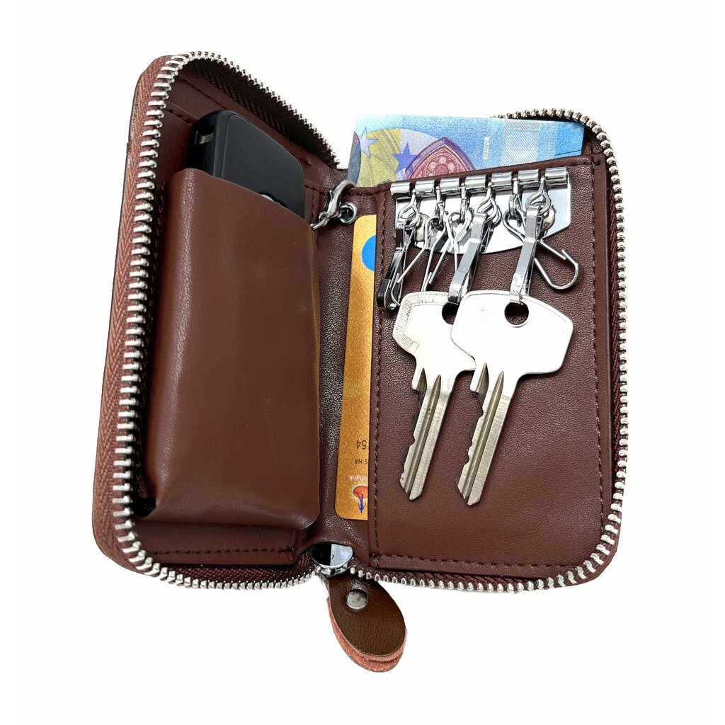 Su.B Leather Key Case – 6 Key Hooks, Card Slot, Wallet for Bank Notes, Car Key Pocket, Multifunctional Organizer - Brown