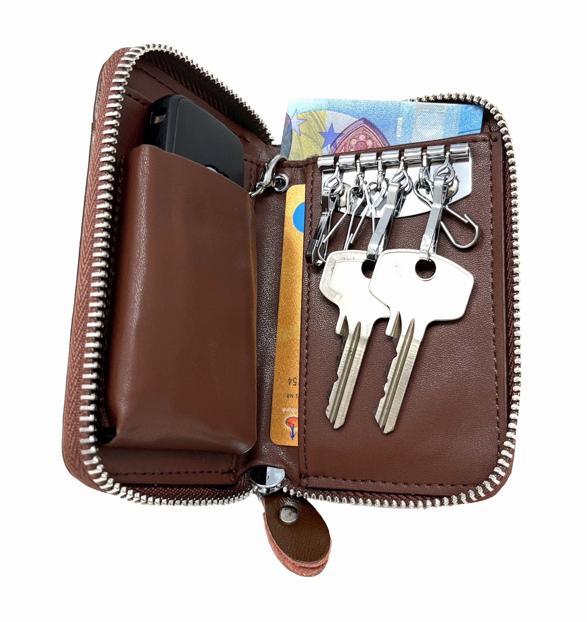 Men Leather Zip Around 6 Hook Key Case Car Key Holder Wallet