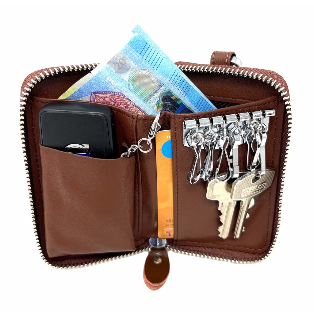 Su.B Leather Key Case – 6 Key Hooks, Card Slot, Wallet for Bank Notes, Car Key Pocket, Multifunctional Organizer - Brown