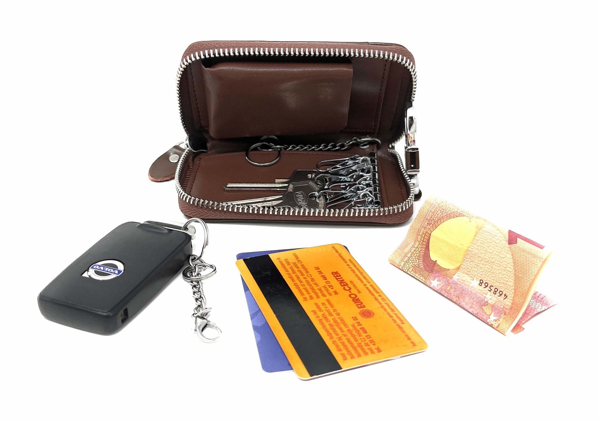 Leather Key Case, 6 Key Hooks, Card Holder, Bank Notes Wallet, Car Key Pocket, Multifunctional Key Organizer - Brown-6