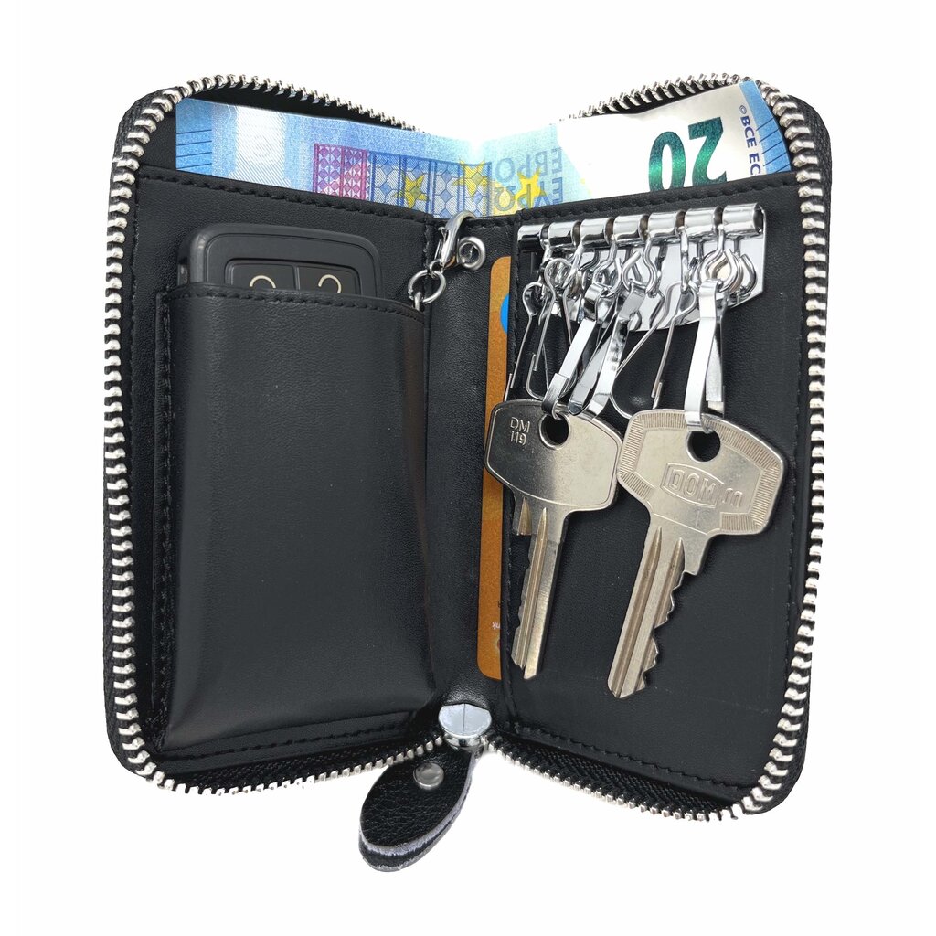 Su.B Leather Key Case, 6 Key Hooks, Card Holder, Bank Notes Wallet, Car Key Pocket, Multifunctional Key Organizer - Black