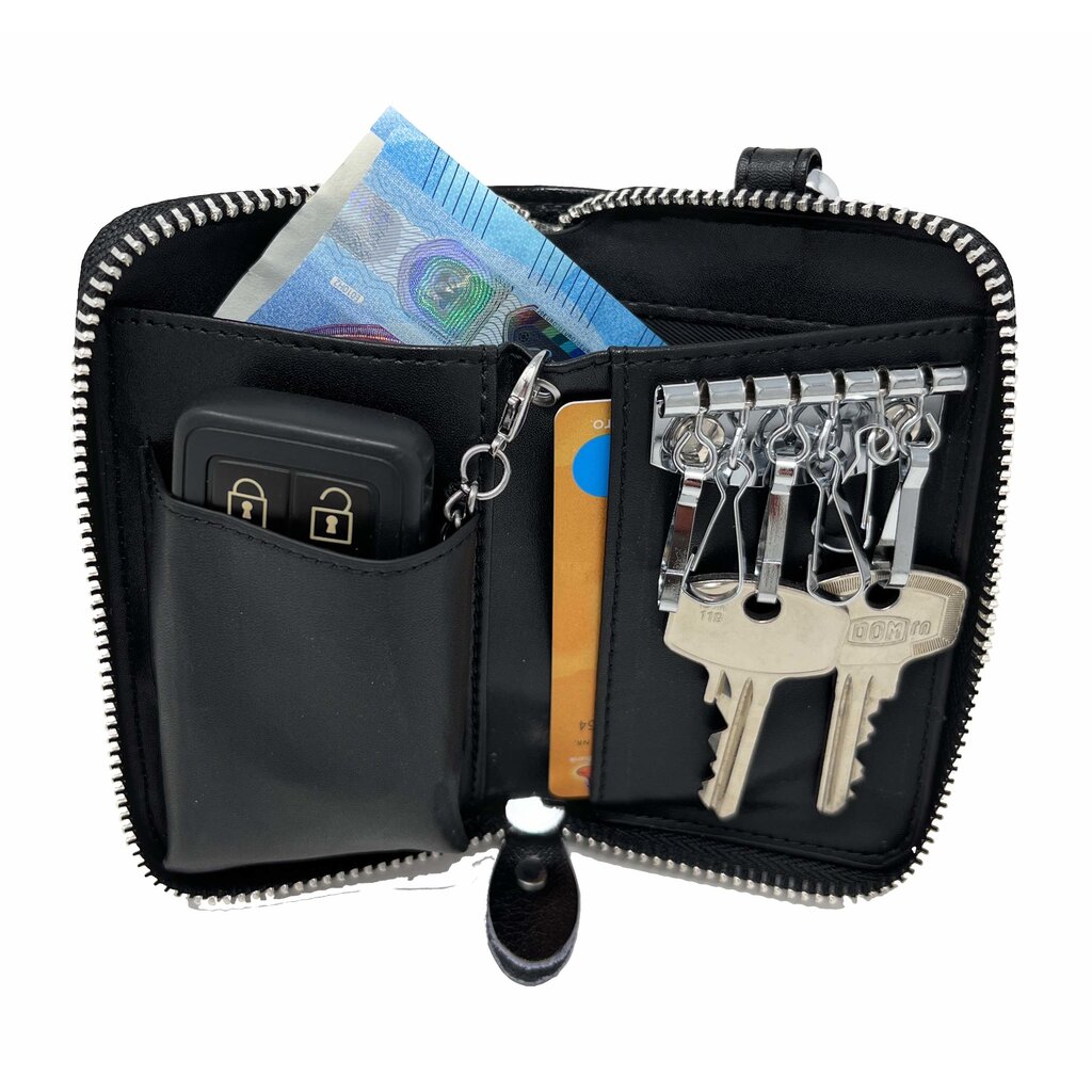 Su.B Leather Key Case, 6 Key Hooks, Card Holder, Bank Notes Wallet, Car Key Pocket, Multifunctional Key Organizer - Black