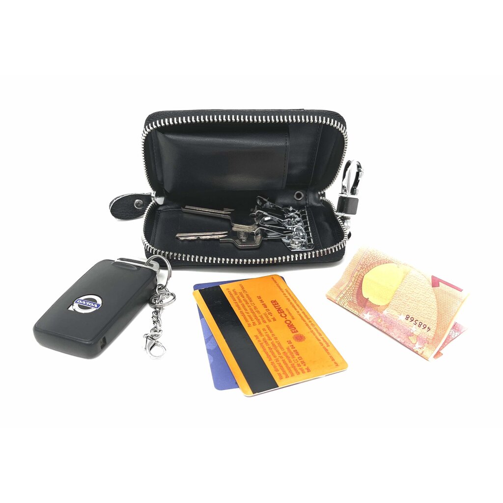 Su.B Leather Key Case, 6 Key Hooks, Card Holder, Bank Notes Wallet, Car Key Pocket, Multifunctional Key Organizer - Black