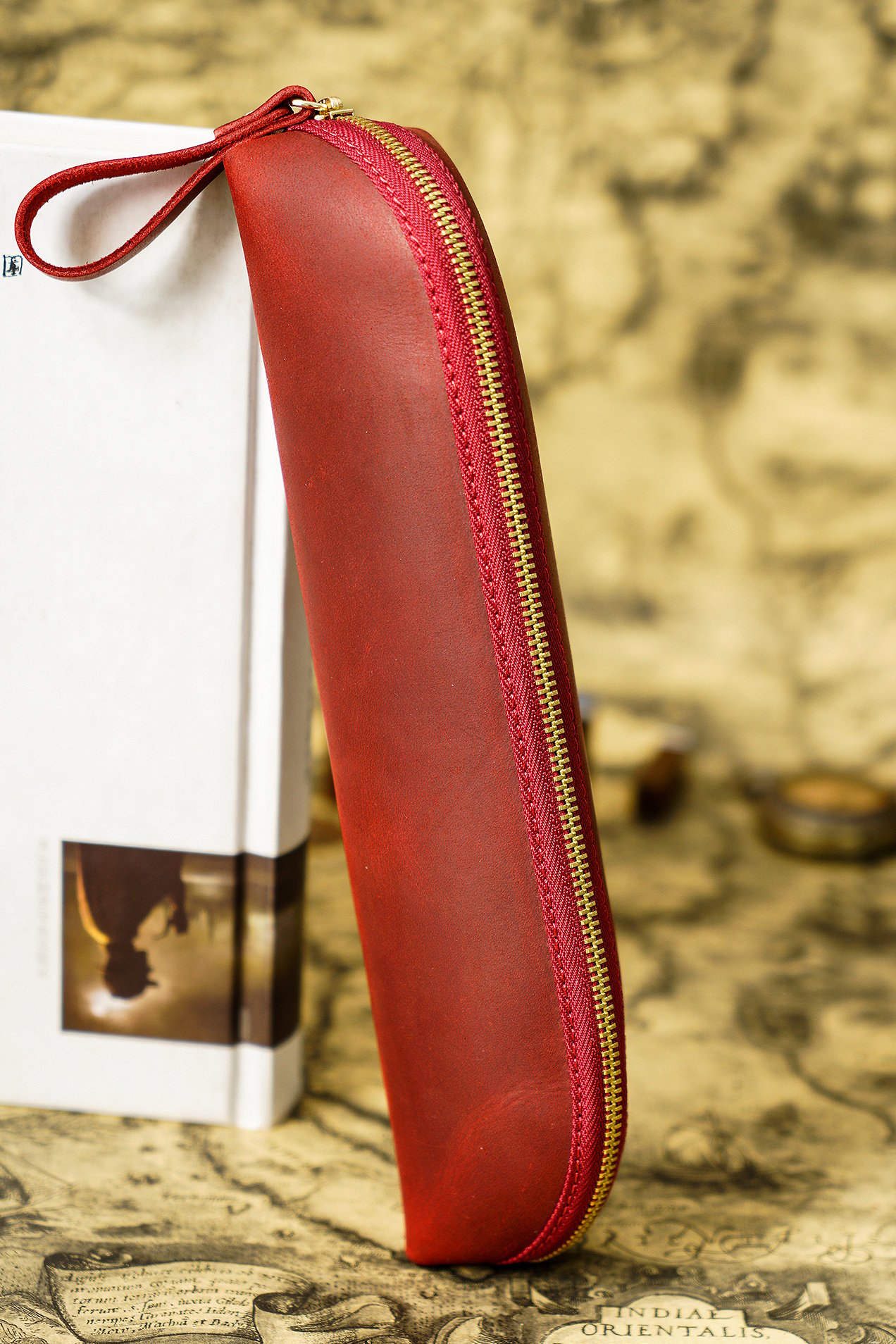 Federmäppchen - Federtasche - Etui aus Leder - Mäppchen mit Reißverschluss für Männer und Frauen -  Rot-5