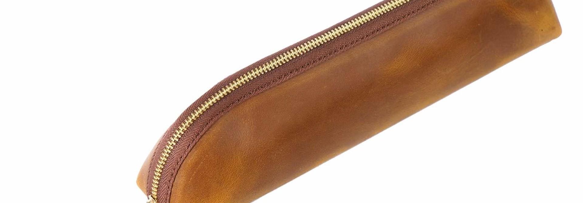 Pencil Case - Pen Holder - Leather - Fits More Than 25 Pens - Pencil Pouch With Zipper for Men Women - Cognac