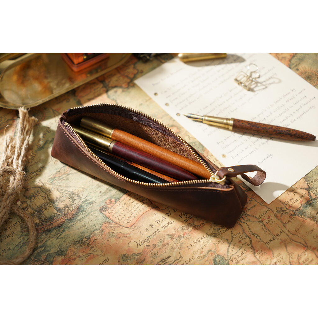 Su.B Federmäppchen - Federtasche - Etui aus Leder - Passend für Mehr als 15 Stifte -  für Männer und Frauen - Dunkelbraun