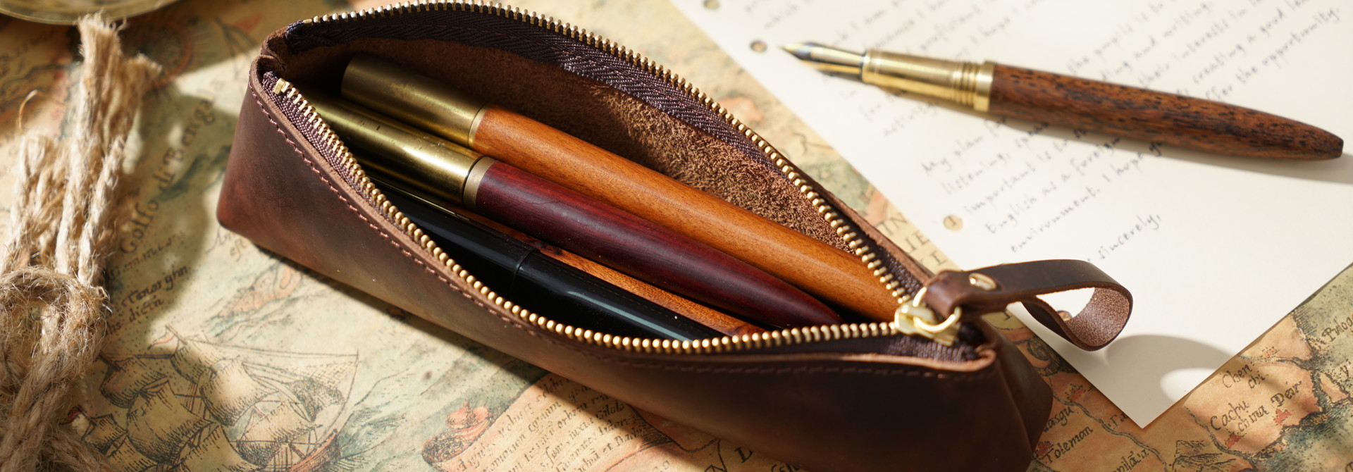 Pencil Case, Pen Holder, Leather, Fits Min 15 Pens, for Men and Women - Dark Brown