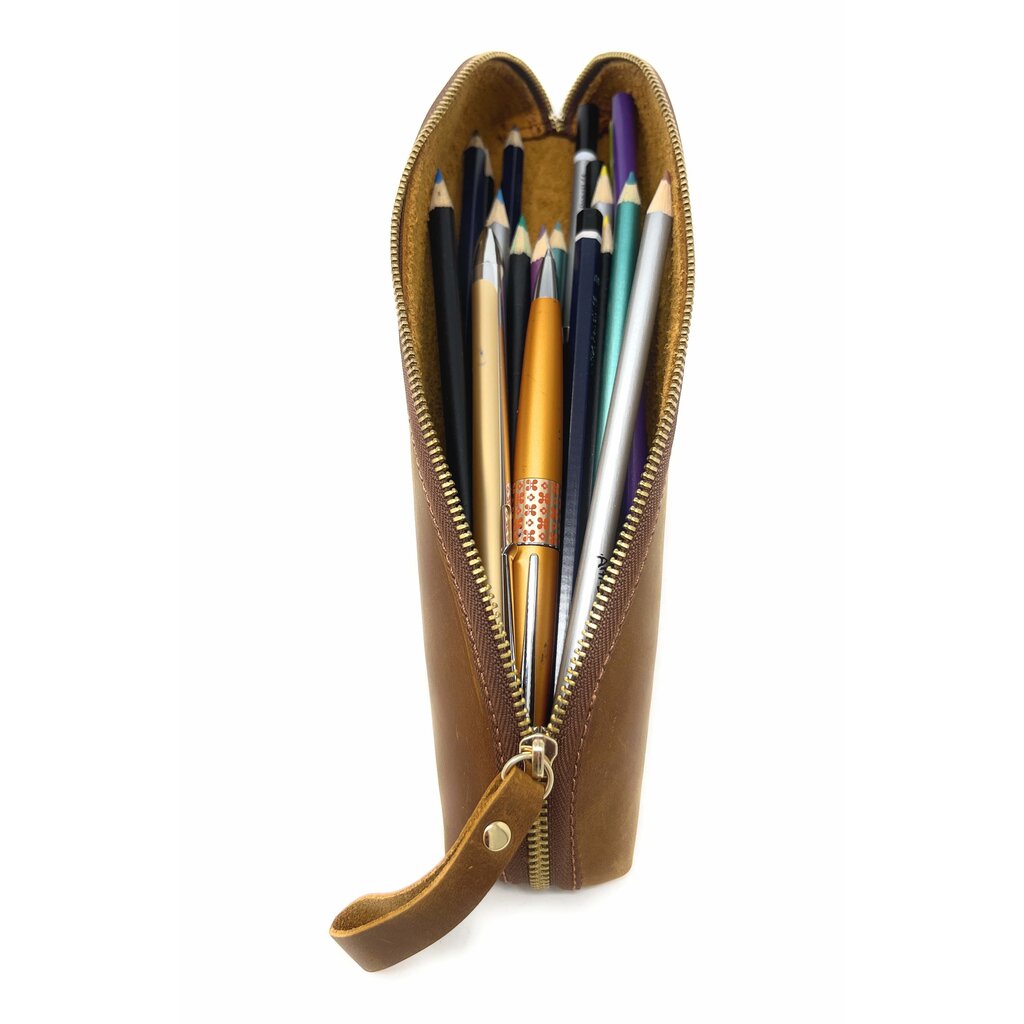 Su.B Federmäppchen - Federtasche - Etui aus Leder - Passend für Mehr als 25 Stifte -  für Männer und Frauen - Cognac