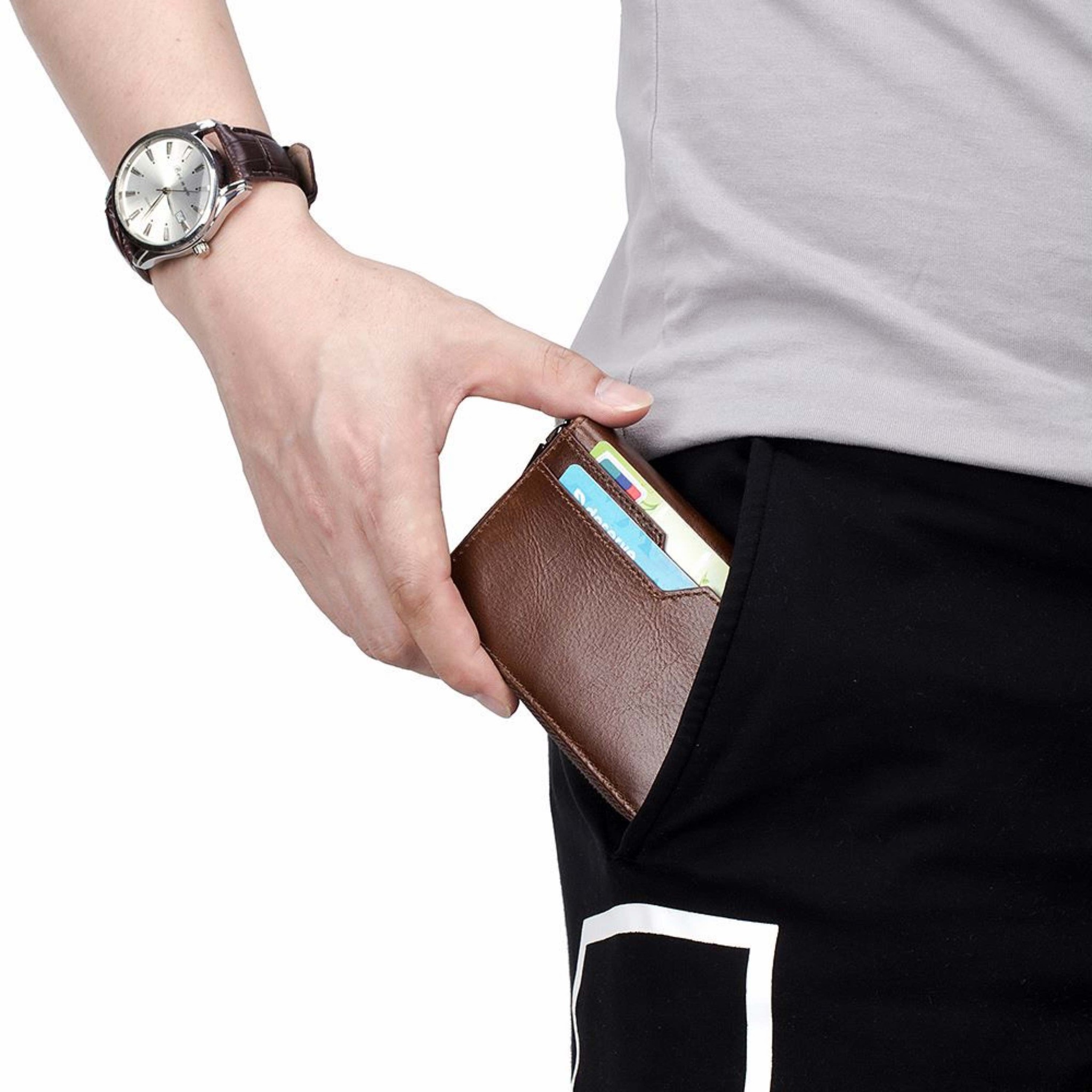 Minimalist Wallet for Men, Leather, RFID Blocking, Card Holder and Money Clip -Dark Brown-7