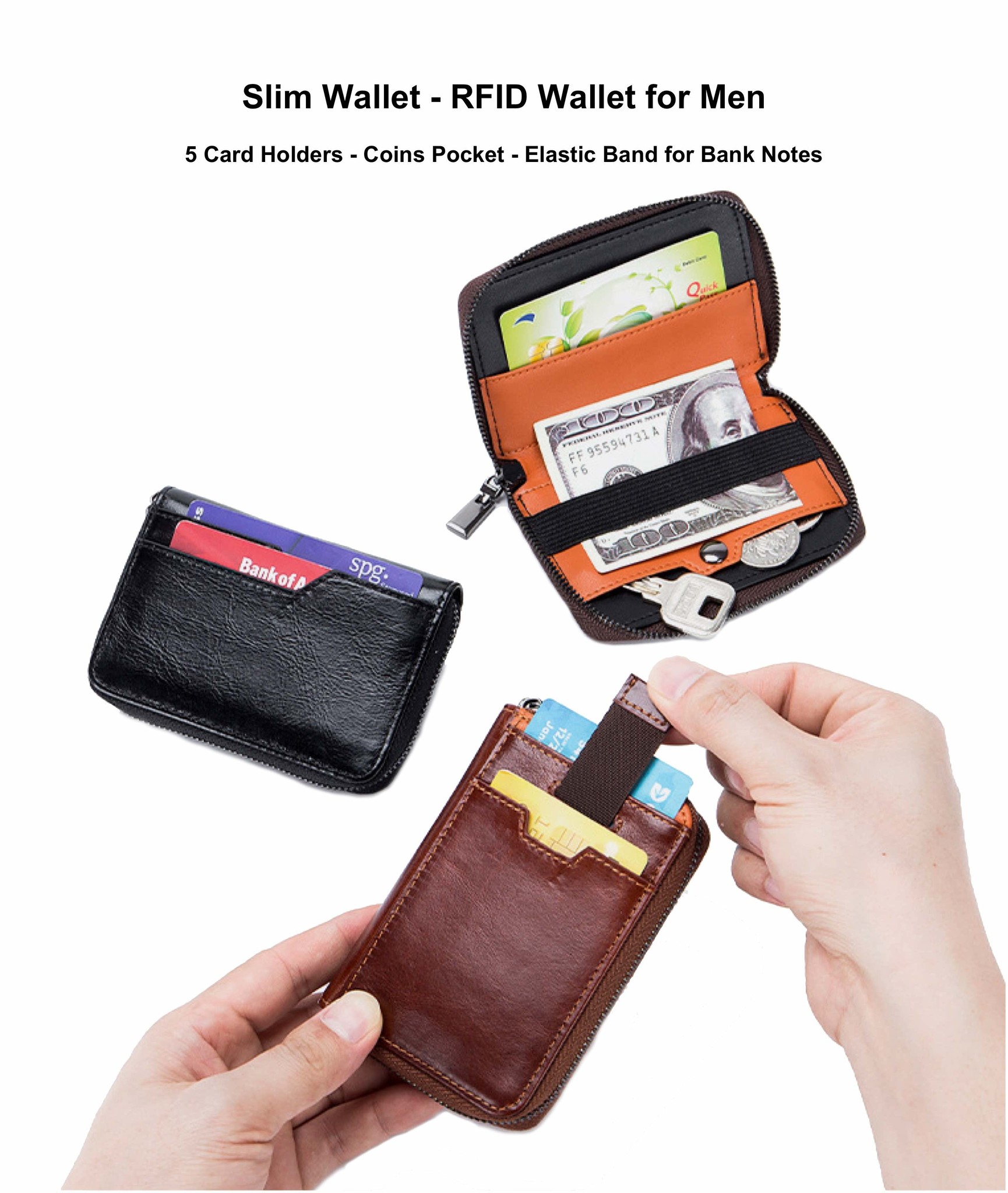 Minimalist Wallet for Men, Leather, RFID Blocking, Card Holder and Money Clip -Dark Brown-2