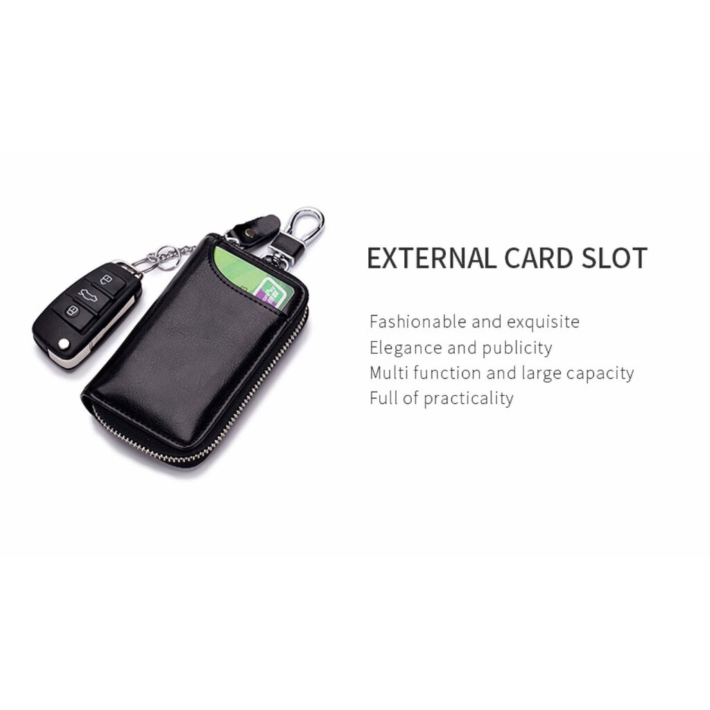 Su.B Genuine Leather Key Case Card Holder - 6 Hooks, 2 Long Car Key Chain - 1 Outer, 2 Inner Card Banknotes Slots - Black