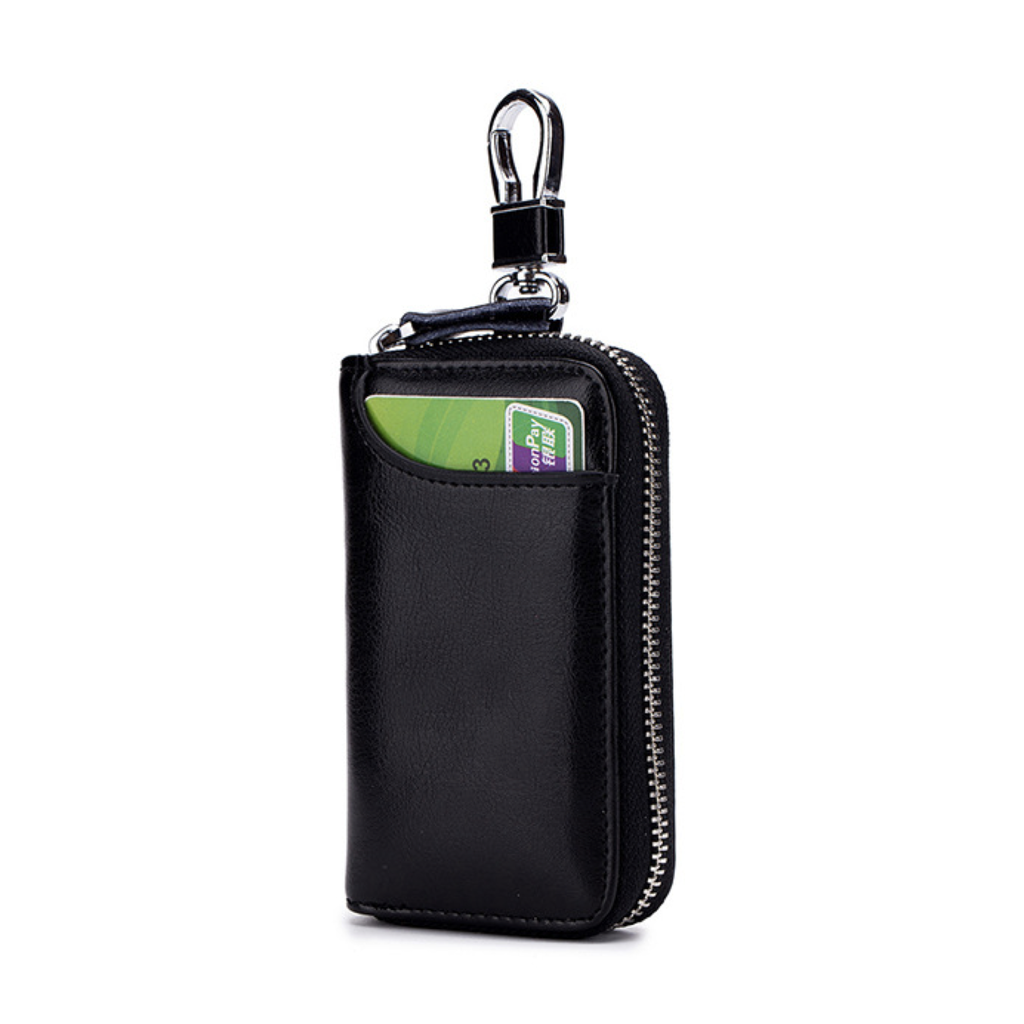 Su.B Genuine Leather Key Case Card Holder - 6 Hooks, 2 Long Car Key Chain - 1 Outer, 2 Inner Card Banknotes Slots - Black