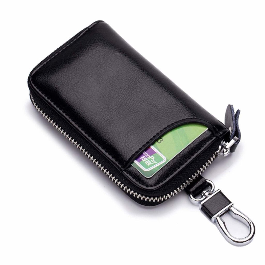 Su.B Schluesseletui aus Echtleder - 6 Haken 1 Kartenfaecher 2 Innenfaecher fuer Banknoten - 2 zusaetzliche Ringe mit Langer Kette - Schwarz
