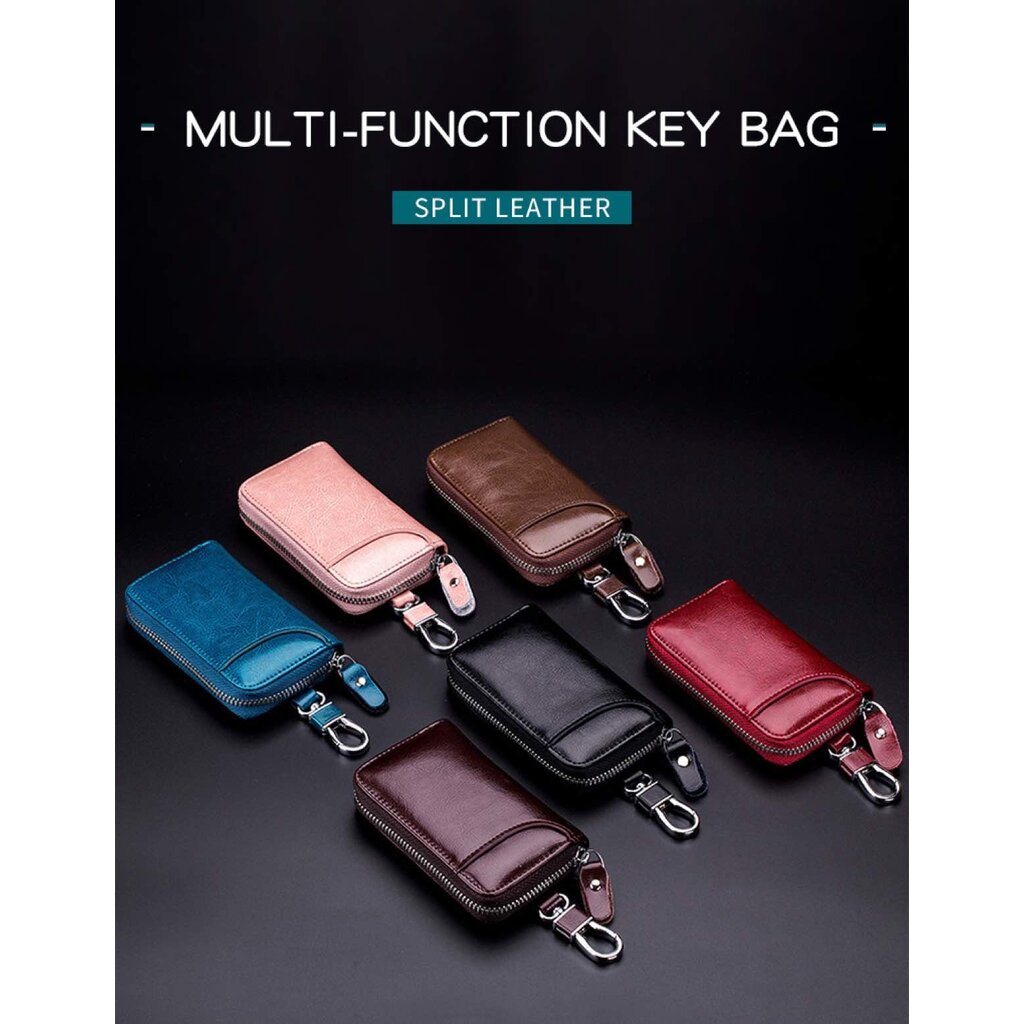 Su.B Genuine Leather Key Case Card Holder - 6 Hooks, 2 Long Car Key Chain - 1 Outer, 2 Inner Card Banknotes Slots - Black