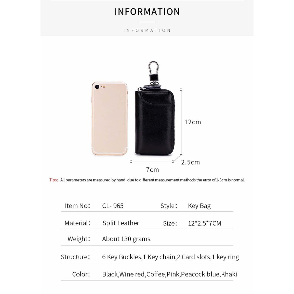 Su.B Genuine Leather Key Case Card Holder - 6 Hooks, 2 Long Car Key Chain - 1 Outer, 2 Inner Card Banknotes Slots - Black