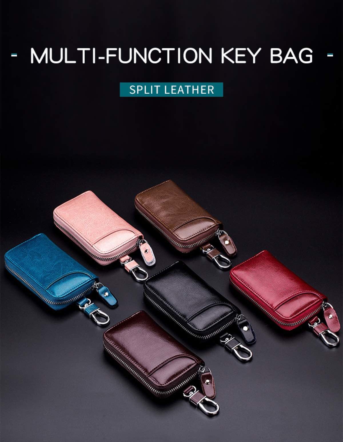 Genuine Leather Key Case Card Holder - 6 Hooks, 2 Long Car Key Chain - 1 Outer, 2 Inner Card Banknotes Slots - Brown-7