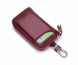 Women PVC Leather Car Key Chain Card Holder Wallet Pouch Card Slot 6 Hook 1  Fixed Key Ring 1 Detachable Key Ring (Brown×Wine)