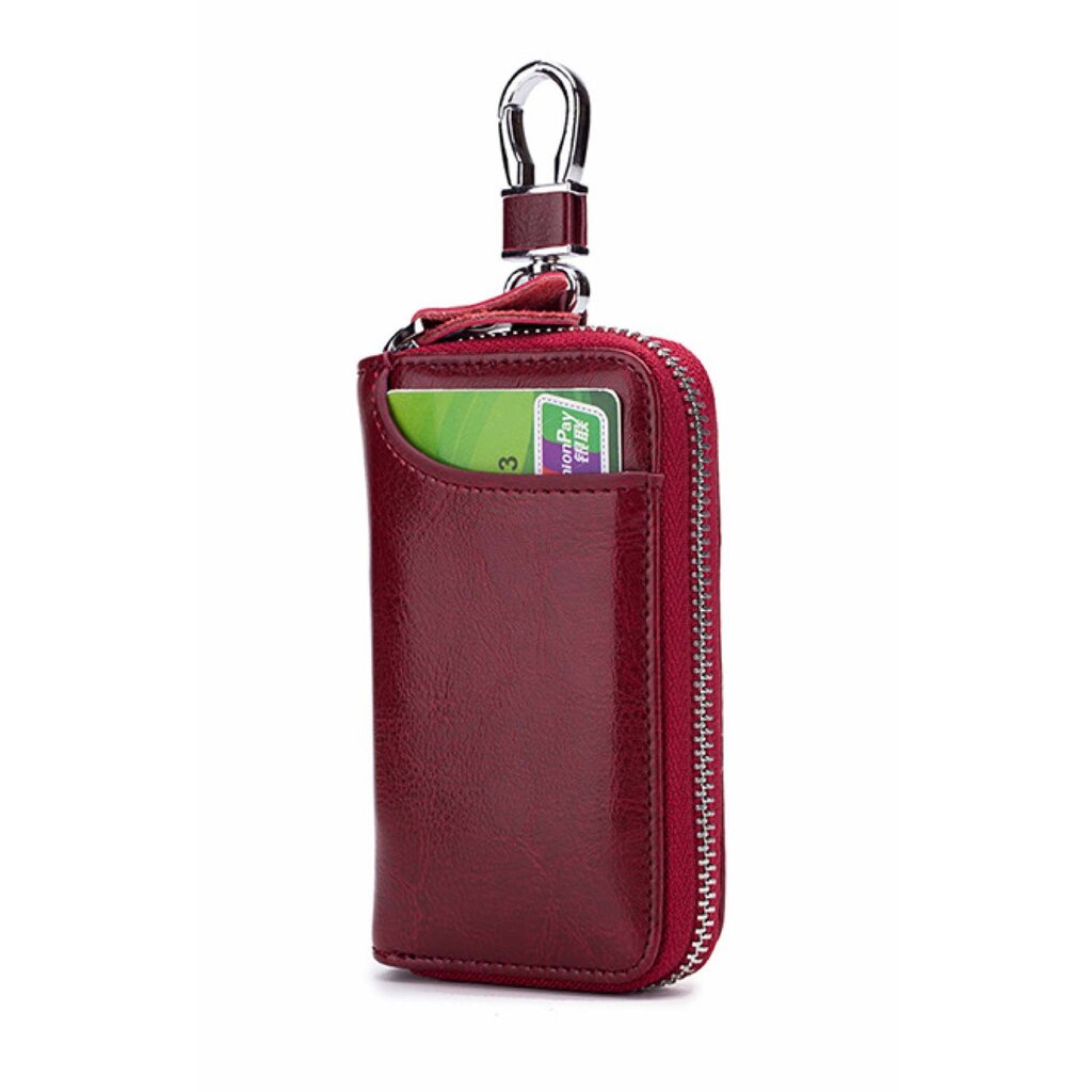 Su.B Genuine Leather Key Case Card Holder - 6 Hooks, 2 Long Car Key Chain - 1 Outer, 2 Inner Card Banknotes Slots - Wine Red
