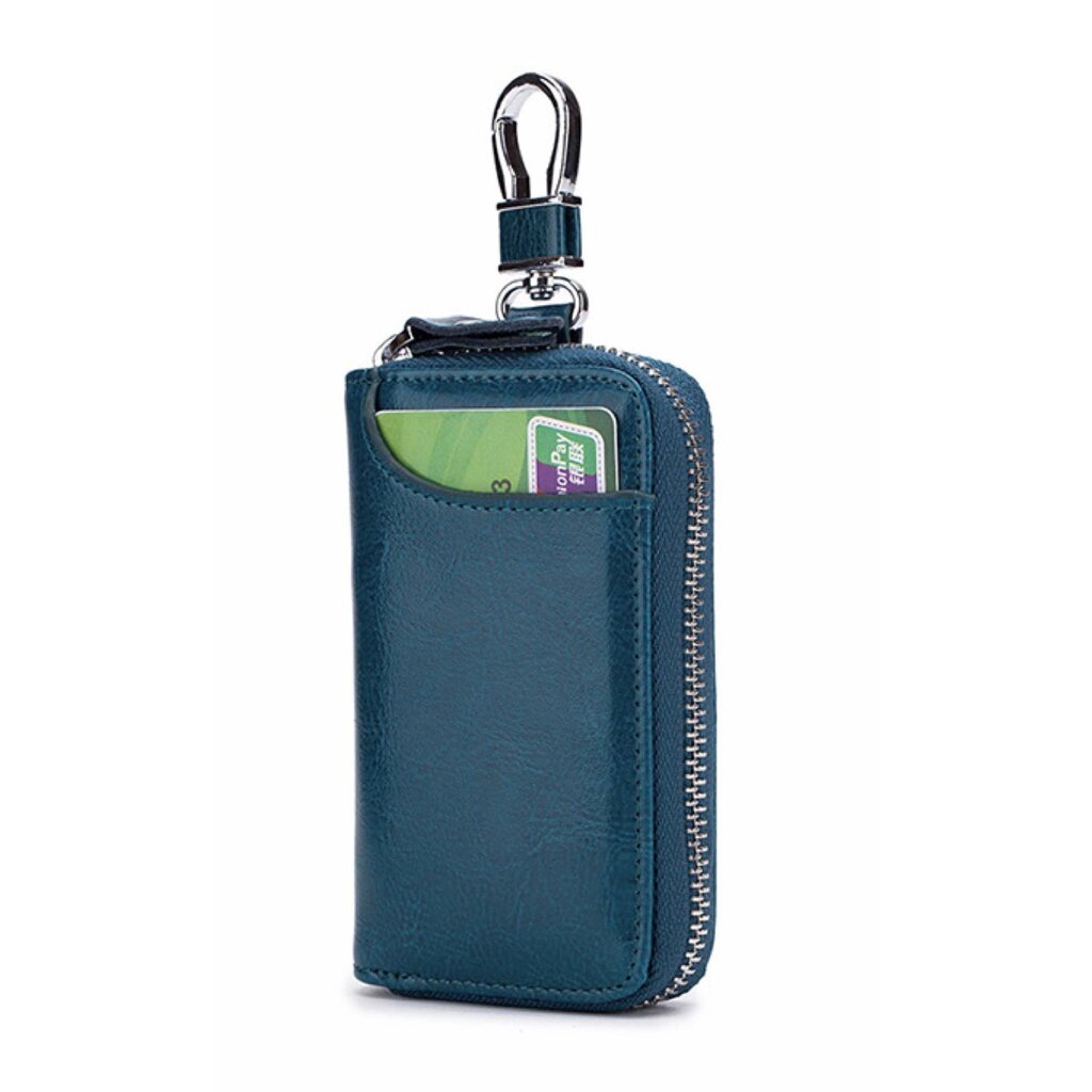 Su.B Genuine Leather Key Case Card Holder - 6 Hooks, 2 Long Car Key Chain - 1 Outer, 2 Inner Card Banknotes Slots - Teal