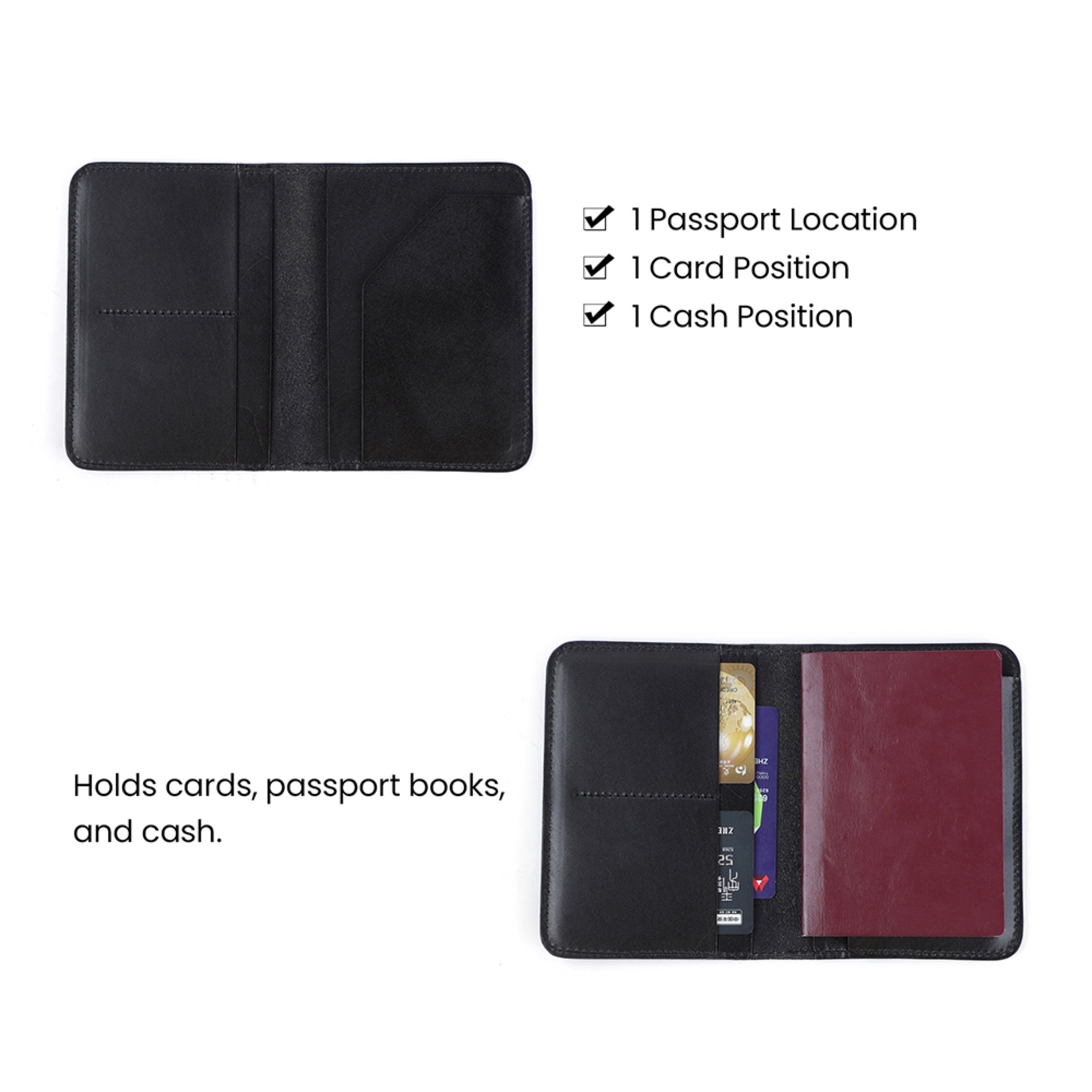 Reisepasshülle, Leder, Portemonnaie mit Passfach, Kartenfächer - Schwarz-4
