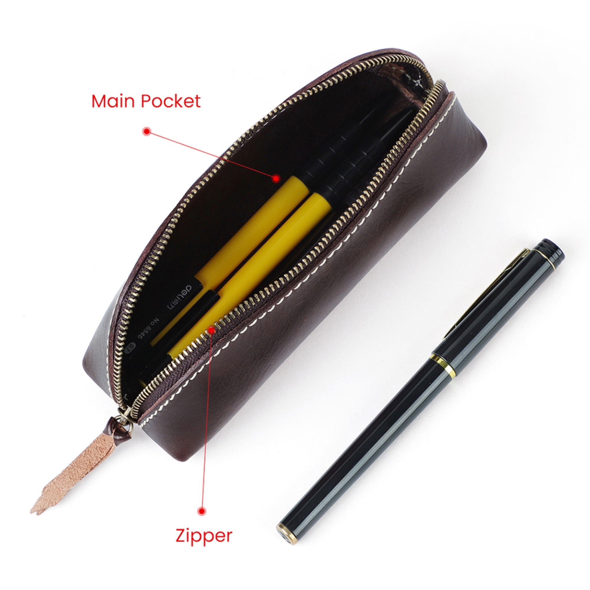 Pencil Case, Pen Holder, Premium Vegetable Leather, Fits More Than 25 Pens - Pencil Pouch With Zipper for Men Women - Brown-2
