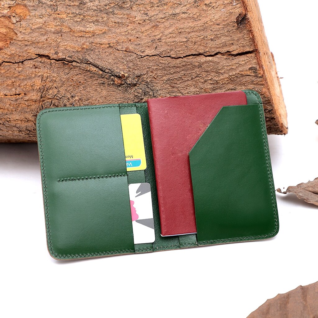 Su.B Leather Passport Holder – Compact Travel Wallet with Card Slots and Ticket Holder for Men and Women - Green