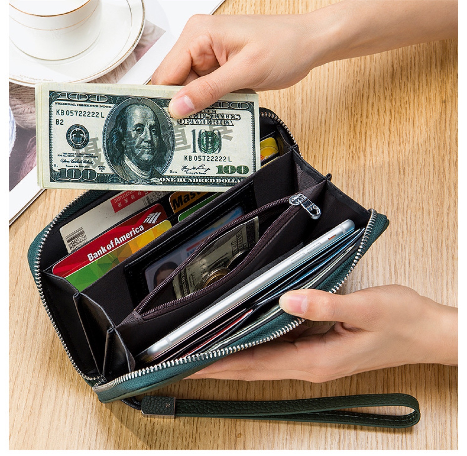 Wallet, Leather, Wallet Women, Travel Wallet with Wristlet, Fits Passport, Phone, RFID Blocking, Coin Pocket, Card Holder - Black-7