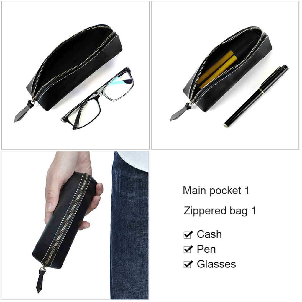 Su.B Federmäppchen - Federtasche - Etui aus Pflanzlich Gegerbtes Leder - Passend für 10- 15 Stifte -  für Männer und Frauen - Schwarz