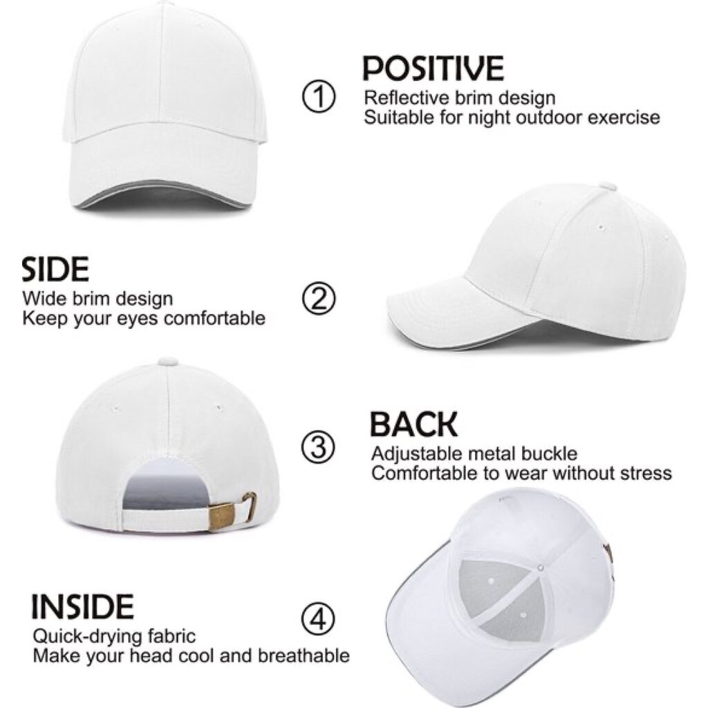 Su.B.dgn Baseball Cap, Reflective Edge, Trucker Hat, Adjustable 55-60 CM, 21-24 inch, Unisex – White