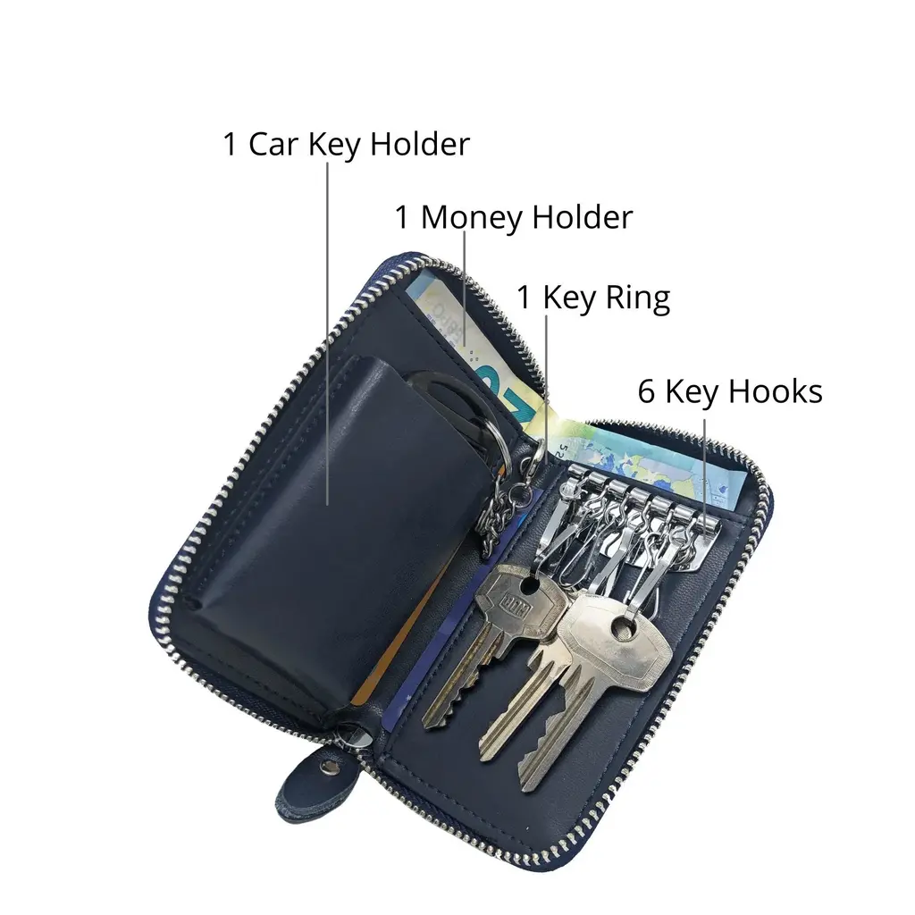 Su.B Leder-Schlüsseletui, 6 Schlüsselhaken, Kartenhalter, Geldschein-Brieftasche, Autoschlüsseltasche, Multifunktions-Schlüssel-Organizer - Blau