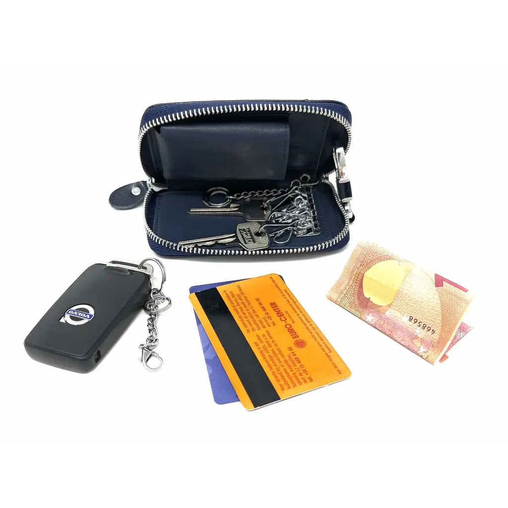 Su.B Leder-Schlüsseletui, 6 Schlüsselhaken, Kartenhalter, Geldschein-Brieftasche, Autoschlüsseltasche, Multifunktions-Schlüssel-Organizer - Blau