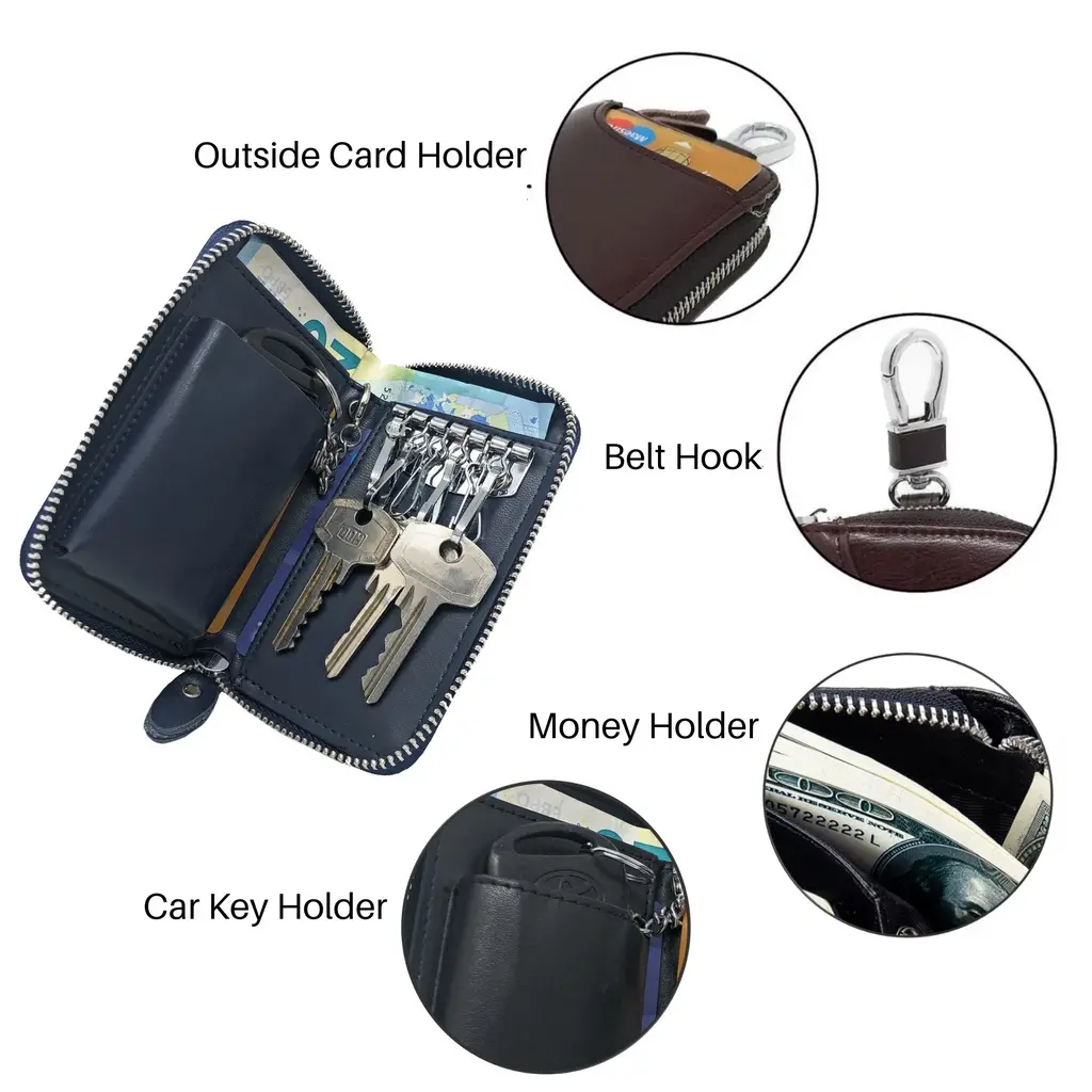 Su.B Leather Key Case, 6 Key Hooks, Card Holder, Bank Notes Wallet, Car Key Pocket, Multifunctional Key Organizer -Blue