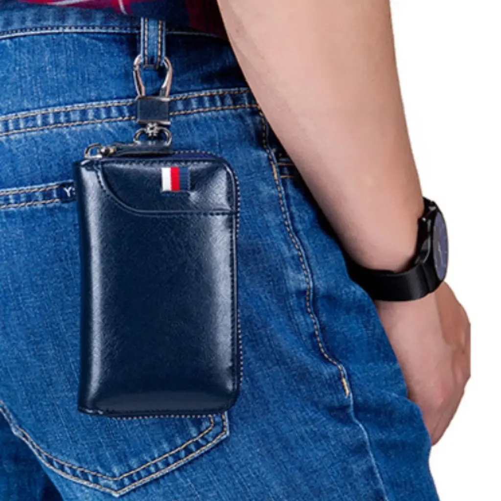 Su.B Leather Key Case, 6 Key Hooks, Card Holder, Bank Notes Wallet, Car Key Pocket, Multifunctional Key Organizer -Blue