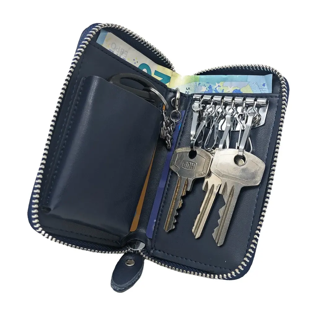Su.B Leder-Schlüsseletui, 6 Schlüsselhaken, Kartenhalter, Geldschein-Brieftasche, Autoschlüsseltasche, Multifunktions-Schlüssel-Organizer - Blau