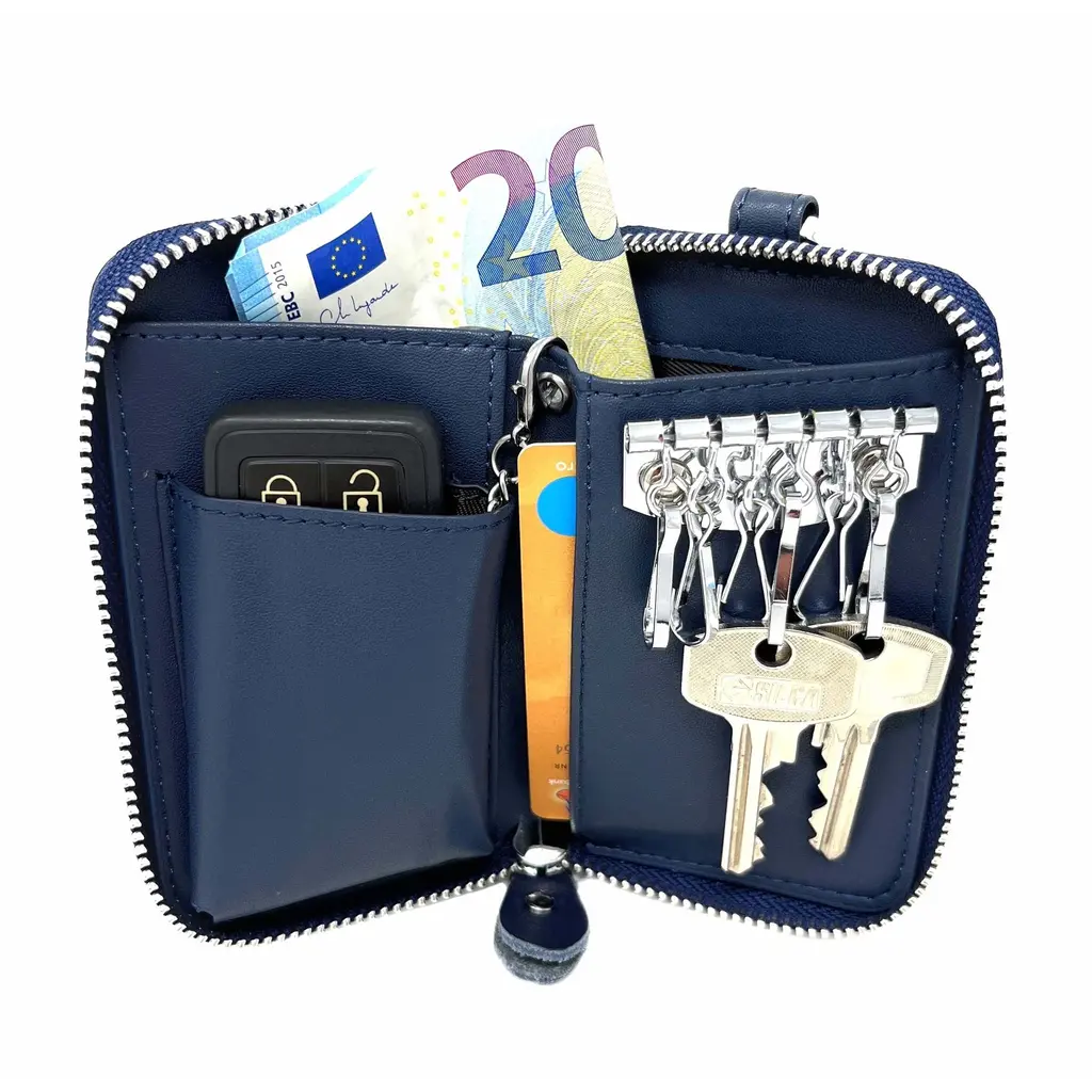 Su.B.dgn Leather Key Case, 6 Key Hooks, Card Holder, Bank Notes Wallet, Car Key Pocket, Multifunctional Key Organizer -Blue
