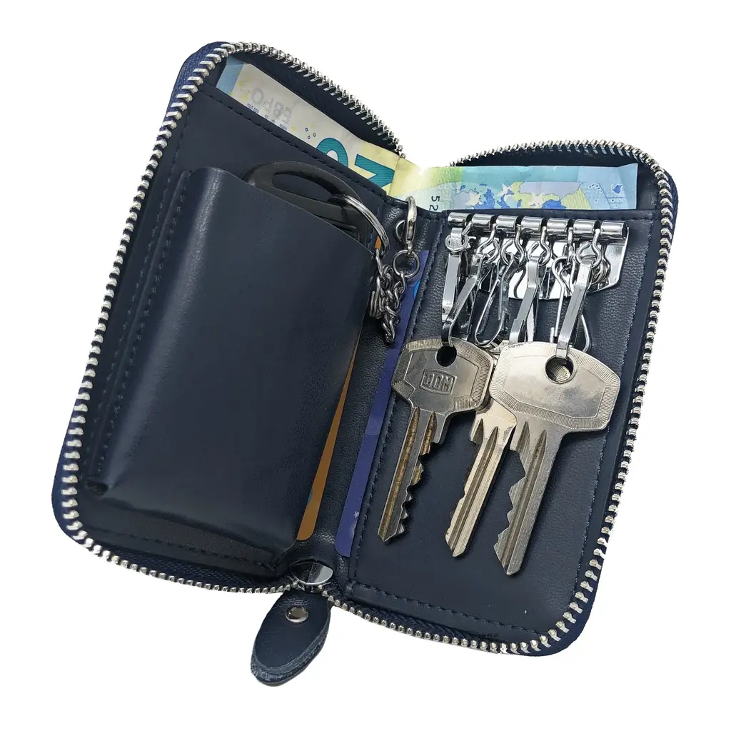 Su.B.dgn Leather Key Case, 6 Key Hooks, Card Holder, Bank Notes Wallet, Car Key Pocket, Multifunctional Key Organizer -Blue