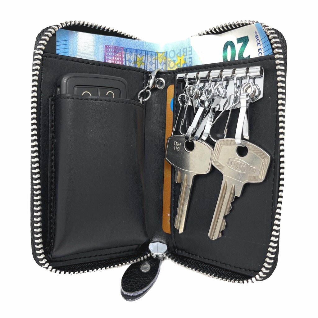Su.B.dgn Leather Key Case, 6 Key Hooks, Card Holder, Bank Notes Wallet, Car Key Pocket, Multifunctional Key Organizer - Black