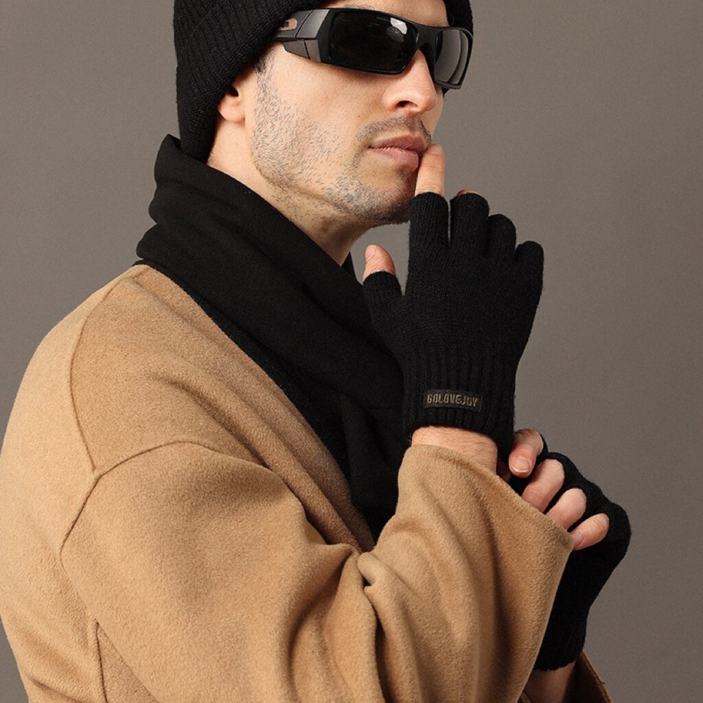 Su.B.dgn Men's Fingerless Winter Gloves - 50% Wool, 50% Acrylic, Size XL, Open-Fingertip for Typing  Driving - Black