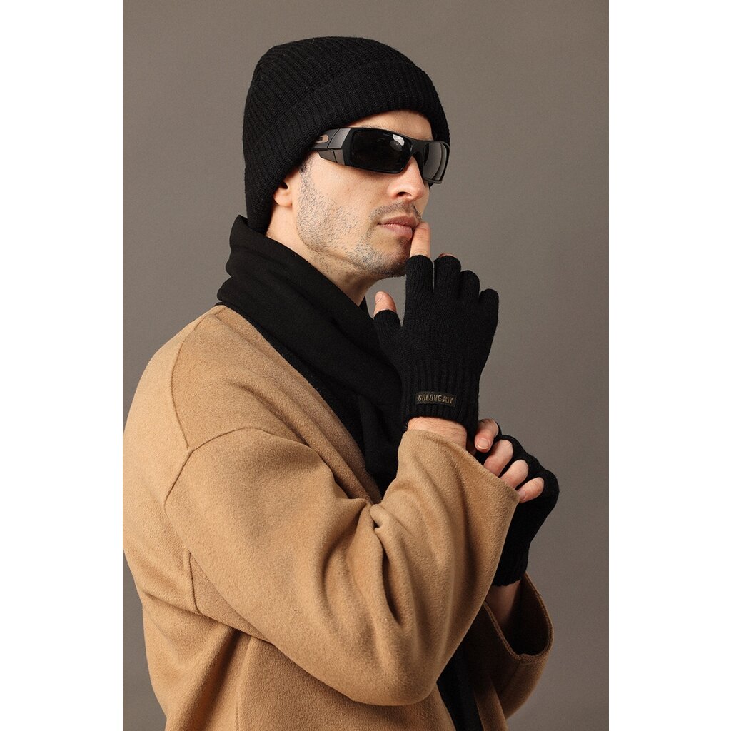 Su.B.dgn Herren Fingerlose Winterhandschuhe,  50% Wolle, 50% Acryl, Größe XL, Offene Fingerspitzen für Tippen, Fahren- Schwarz