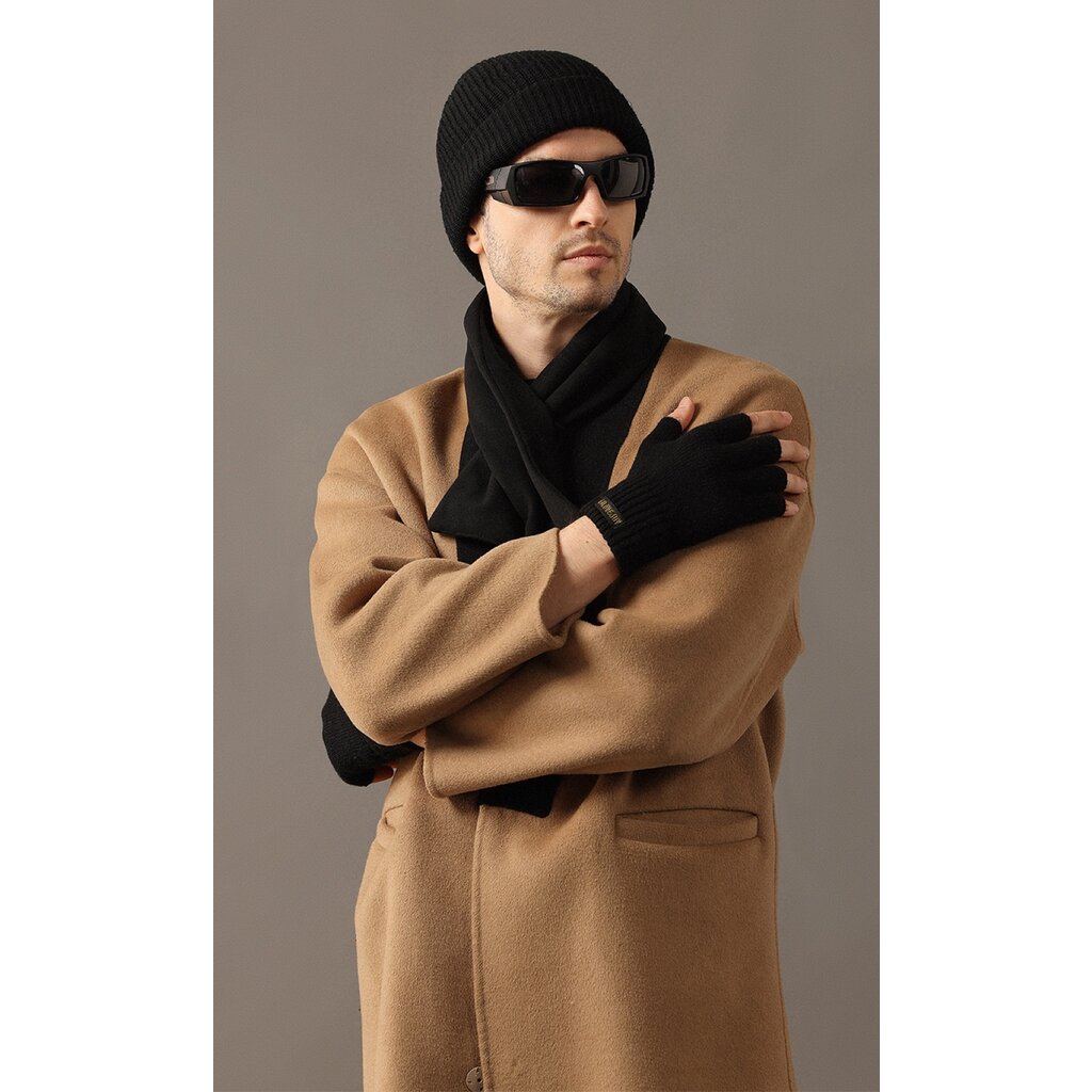 Su.B.dgn Herren Fingerlose Winterhandschuhe,  50% Wolle, 50% Acryl, Größe XL, Offene Fingerspitzen für Tippen, Fahren- Schwarz