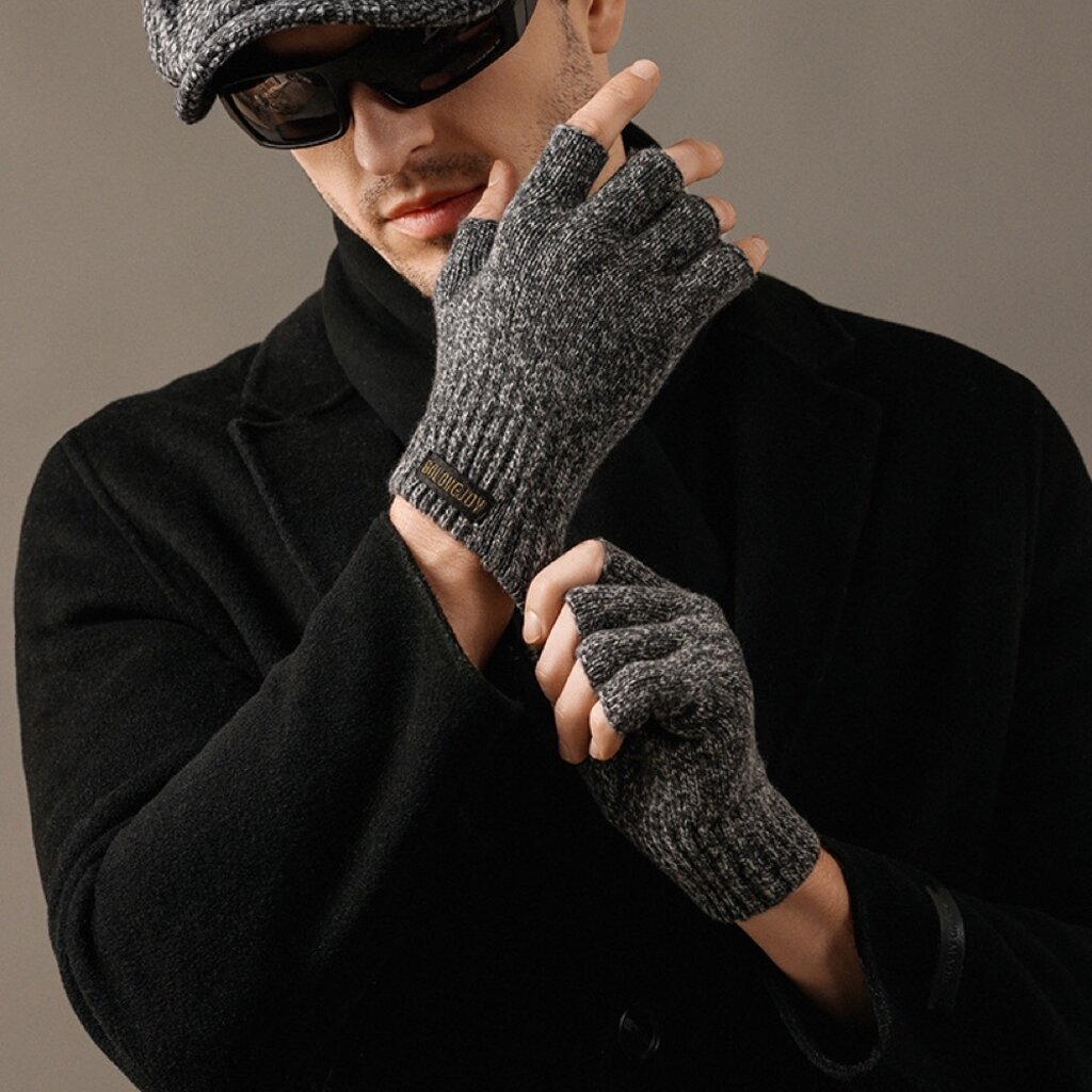 Su.B.dgn Herren Fingerlose Winterhandschuhe,  50% Wolle, 50% Acryl, Offene Fingerspitzen für Tippen, Fahren - Grau