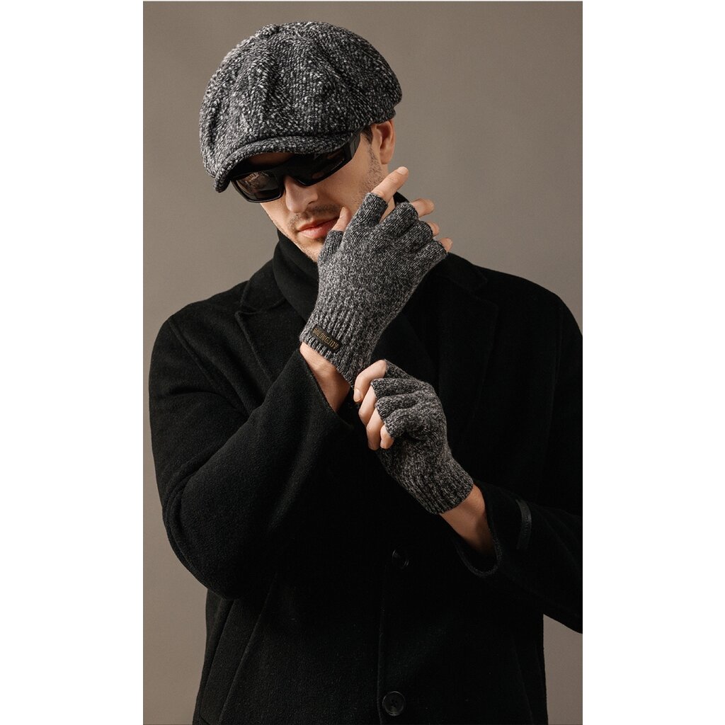 Su.B.dgn Herren Fingerlose Winterhandschuhe,  50% Wolle, 50% Acryl, Offene Fingerspitzen für Tippen, Fahren - Grau