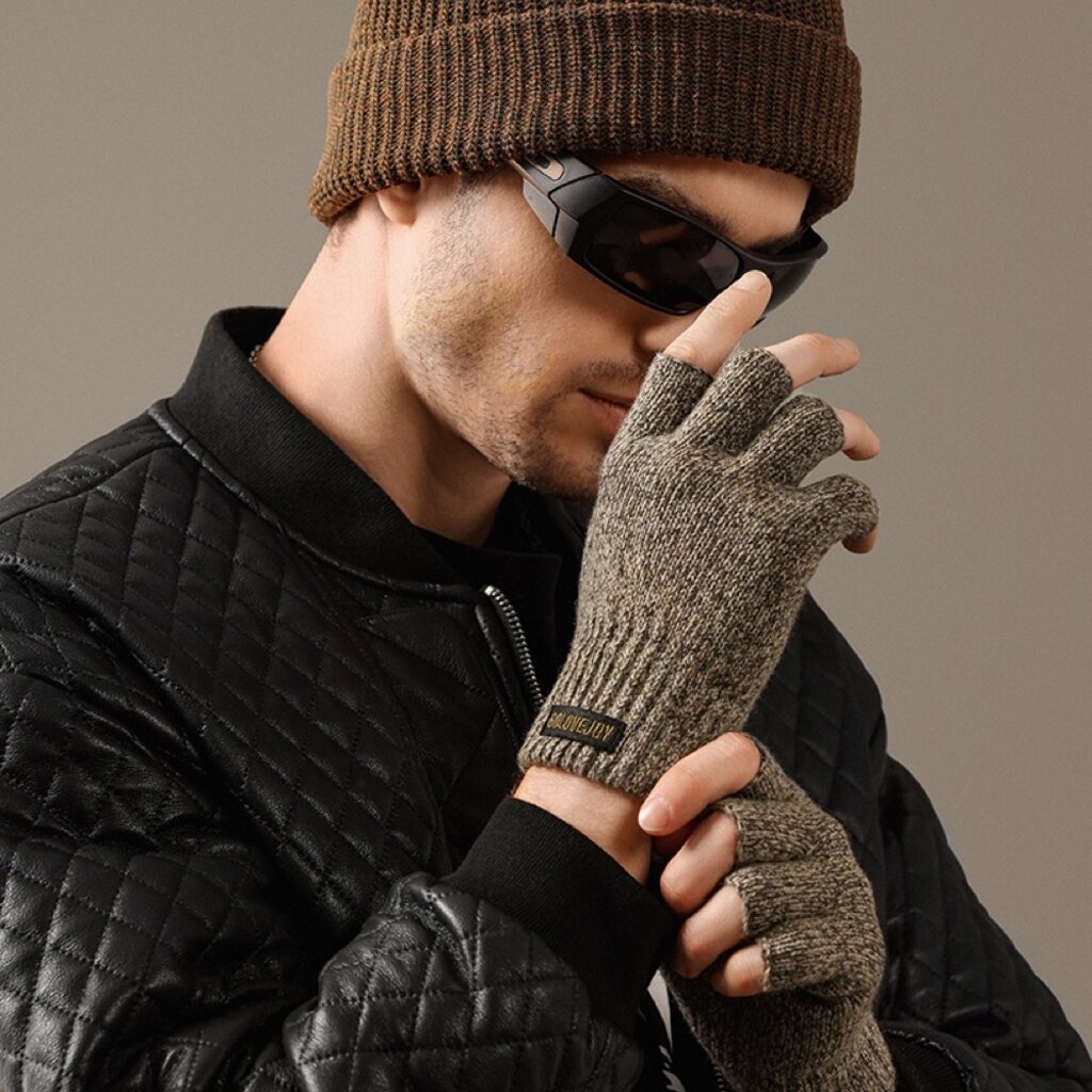 Su.B.dgn Herren Fingerlose Winterhandschuhe,  50% Wolle, 50% Acryl, Offene Fingerspitzen für Tippen, Fahren - Brau